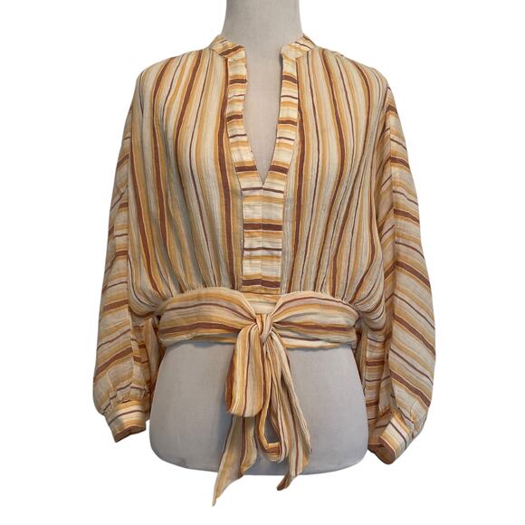 Anthropologie Tie-Front Top Womens Small Yellow Striped Oversized Balloon Sleeve - Picture 2 of 10